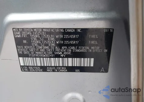 2016 Toyota Rav4 Le из США, поврежденный, VIN 2T3ZFREVXGW302481